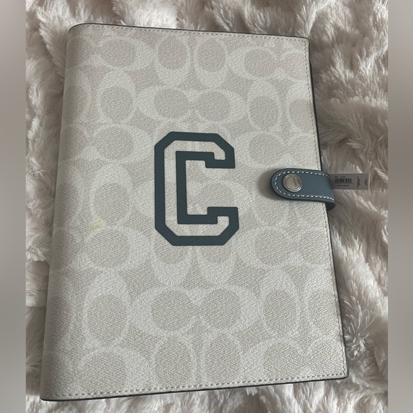 NEW Coach Signature Print Varsity Motif Chalk Blue Multi Canvas Leather Notebook - Picture 5 of 16